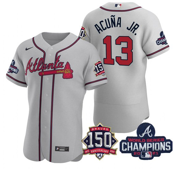 Men's Atlanta Braves #13 Ronald Acuña Jr. 2021 Grey World Series Champions With 150th Anniversary Flex Base Stitched Jersey Men's Atlanta Braves #13 Ronald Acuña Jr. 2021 Grey World Series Champions With 150th Anniversary Flex Base Stitched Jersey